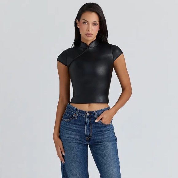 House of CB Tops - House of CB BOBBI Black Vegan Leather Mandarin Collar Top NWT